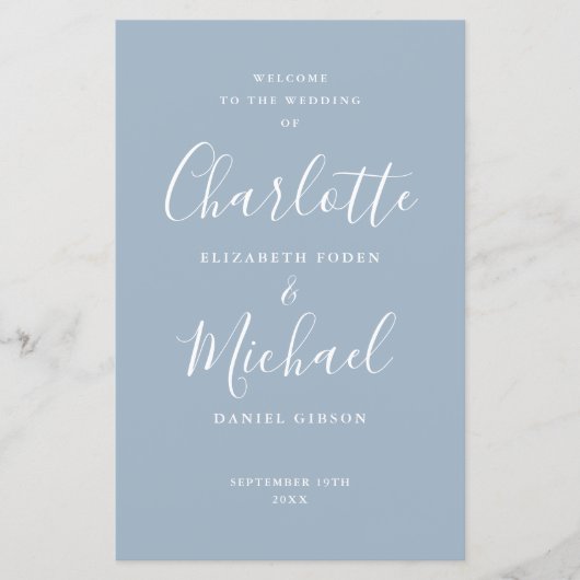 Dusty Blue Signature Script Wedding Programm (Vorderseite)