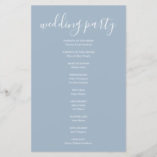 Dusty Blue Signature Script Wedding Programm (Rückseite)