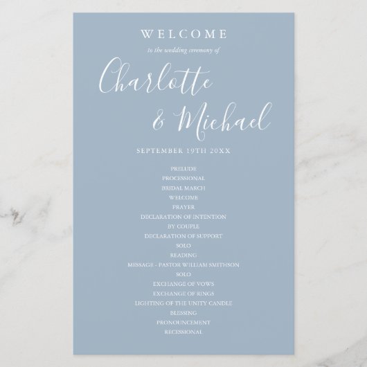 Dusty Blue Signature Script Wedding Programm (Vorderseite)