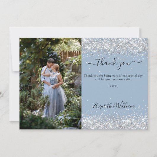 Dusty Blue Silber Hochzeit Foto Dankeschön Karte (Vorderseite)