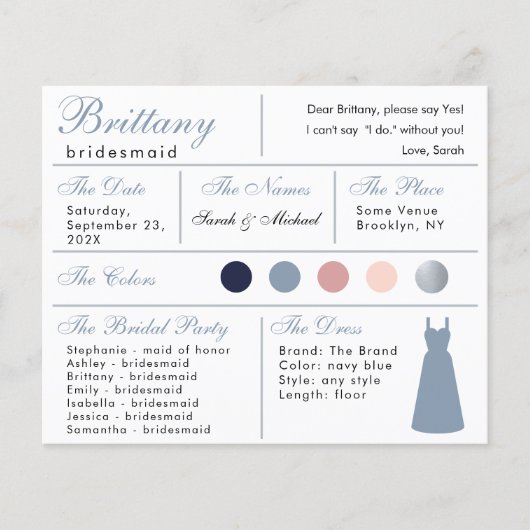 Dusty Blue Silver Bridesmaid Information Card (Vorderseite)