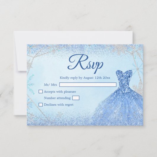 Dusty Blue Silver Christmas Snowflake Quinceañera RSVP Karte (Vorderseite)