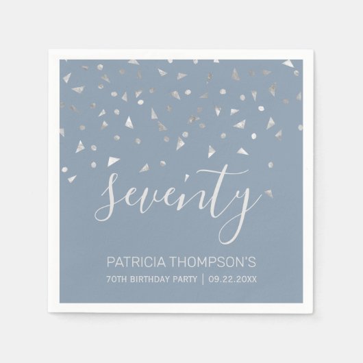 Dusty Blue Silver Confetti 70. Geburtstagsparty Serviette (Vorderseite)