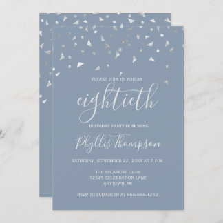 Dusty Blue Silver Confetti 80. Geburtstagsparty Einladung