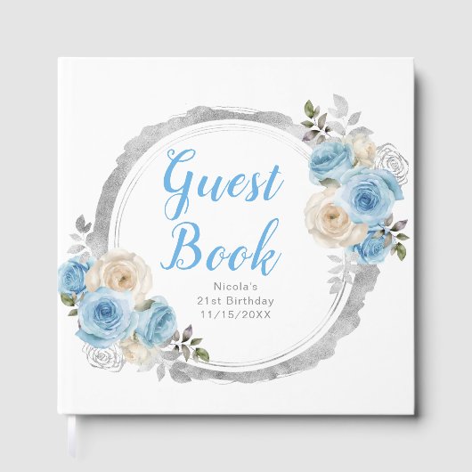 Dusty Blue Silver Elegant Flowers Birthday Party Gästebuch (Vorderseite)