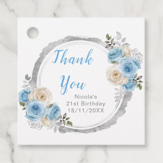 Dusty Blue Silver Elegant Flowers Birthday Party Geschenkanhänger (Vorderseite)