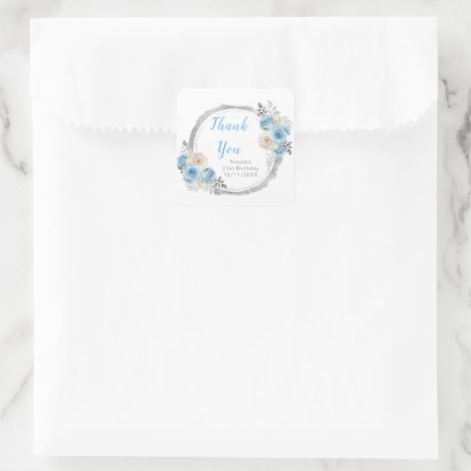 Dusty Blue Silver Elegant Flowers Birthday Party Quadratischer Aufkleber (Tasche)