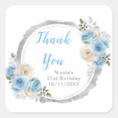 Dusty Blue Silver Elegant Flowers Birthday Party Quadratischer Aufkleber (Vorderseite)