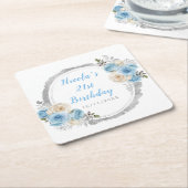 Dusty Blue Silver Elegant Flowers Birthday Party Rechteckiger Pappuntersetzer (angewinkelt)