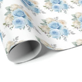 Dusty Blue Silver Elegant Flowers Geschenkpapier (Rolleneckpunkt)