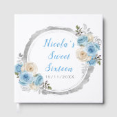 Dusty Blue Silver Elegante Blume 16 . Geburtstag Gästebuch (Vorderseite)