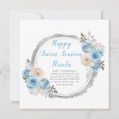 Dusty Blue Silver Elegante Blume 16 . Geburtstag Karte (Vorderseite)