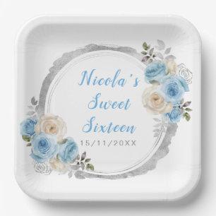 Dusty Blue Silver Elegante Blume 16 . Geburtstag Pappteller