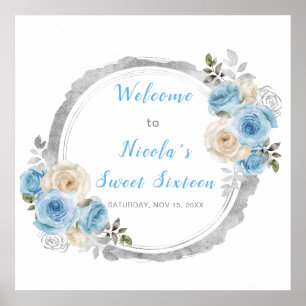 Dusty Blue Silver Elegante Blume 16 . Geburtstag Poster