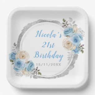 Dusty Blue Silver Elegante Blume Geburtstagsparty Pappteller