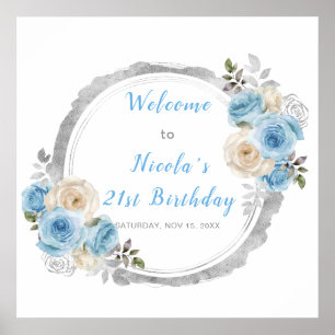 Dusty Blue Silver Elegante Blume Geburtstagsparty Poster