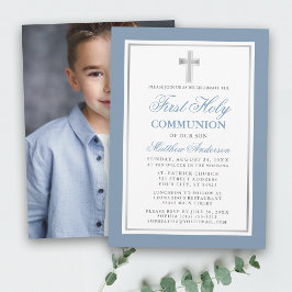 Dusty Blue Silver First Holy Communion Foto Einladung