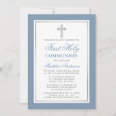 Dusty Blue Silver First Holy Communion Foto Einladung (Vorderseite)