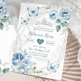 Dusty Blue Silver Floral Butterfly Quinceañera Einladung