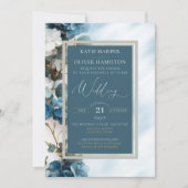 Dusty Blue & Silver Floral Elegance Wedding Einladung (Vorderseite)