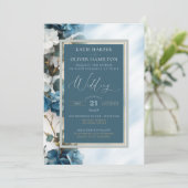 Dusty Blue & Silver Floral Elegance Wedding Einladung (Stehend Vorderseite)