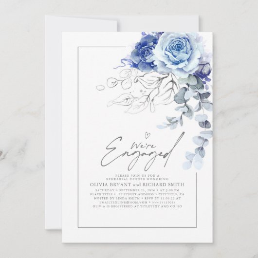 Dusty Blue Silver Floral Engagement Party Photo Einladung (Vorderseite)