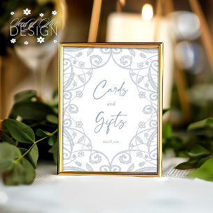 Dusty Blue Silver Floral Lace Wedding Card & Gift Poster