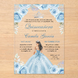 Dusty Blue & Silver Floral Princess Quinceañera Acryleinladungen