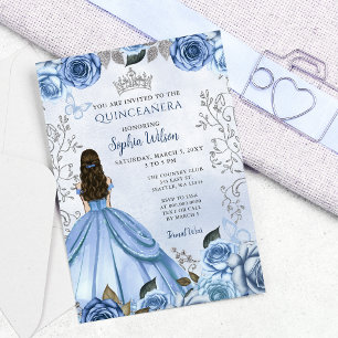 Dusty Blue Silver Floral Princess Quinceañera Einladung