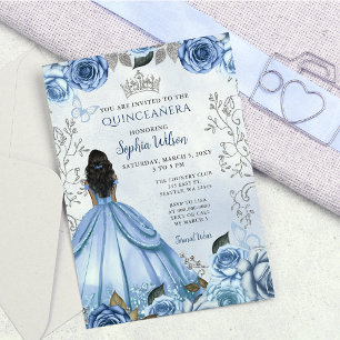 Dusty Blue Silver Floral Princess Quinceañera Einladung