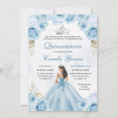 Dusty Blue & Silver Floral Princess Quinceañera Einladung (Vorderseite)