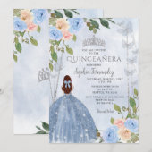 Dusty Blue Silver Floral Princess Quinceañera Einladung (Vorne/Hinten)