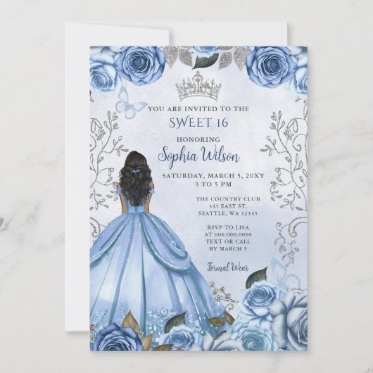 Dusty Blue Silver Floral Princess SWEET 16 Einladung (Vorderseite)