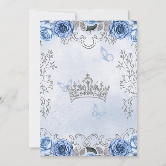 Dusty Blue Silver Floral Princess SWEET 16 Einladung (Rückseite)