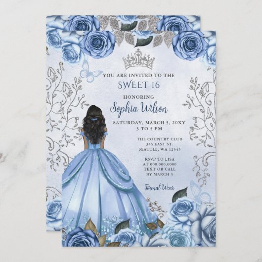 Dusty Blue Silver Floral Princess SWEET 16 Einladung (Vorne/Hinten)