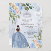 Dusty Blue Silver Floral Princess Sweet 16 Einladung (Vorne/Hinten)