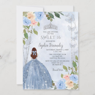 Dusty Blue Silver Floral Princess Sweet 16 Einladung