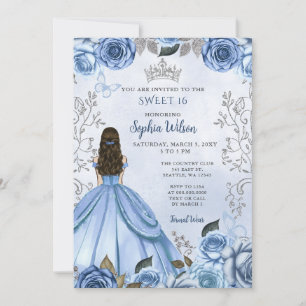 Dusty Blue Silver Floral Princess Sweet 16 Einladung