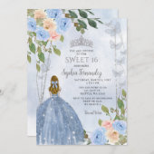 Dusty Blue Silver Floral Princess Sweet 16 Einladung (Vorne/Hinten)