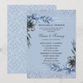 Dusty Blue Silver Floral Probe Dinner Einladung (Vorne/Hinten)