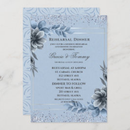 Dusty Blue Silver Floral Probe Dinner Einladung