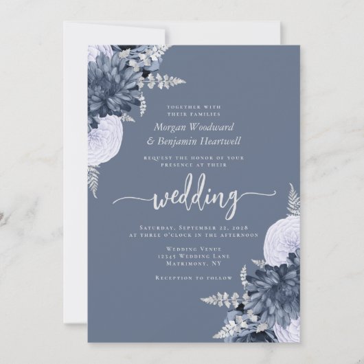 Dusty Blue Silver Floral QR Code Wedding Einladung (Vorderseite)