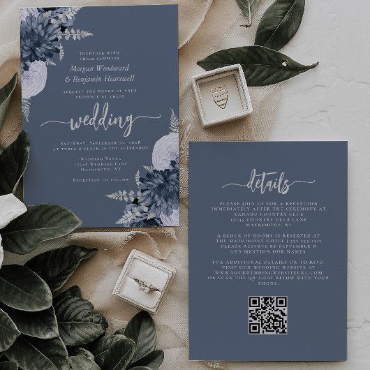 Dusty Blue Silver Floral QR Code Wedding Einladung