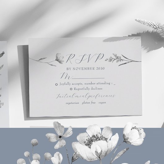 Dusty Blue Silver Floral RSVP Card Karte