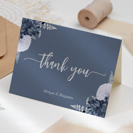 Dusty Blue Silver Floral Script Wedding Dankeskarte