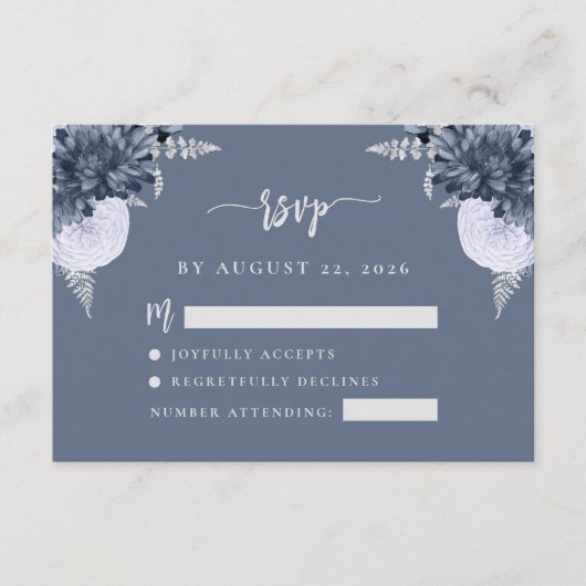 Dusty Blue Silver Floral Script Wedding RSVP Begleitkarte (Vorderseite)