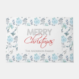 Dusty Blue & Silver Floral Watercolor Tor Mat Fußmatte