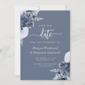 Dusty Blue Silver Floral Wedding Save the Date Einladung (Vorderseite)