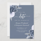 Dusty Blue Silver Floral Wedding Save the Date Magneteinladung (Vorderseite)
