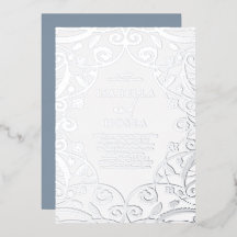 Dusty Blue Silver Foil Floral Lace Wedding